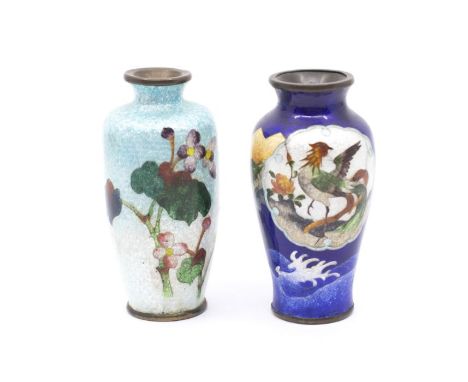 Two Japanese Meji period ginbari enamel posy vases: one decorated with cobalt blue sky body above seascape and central cartou