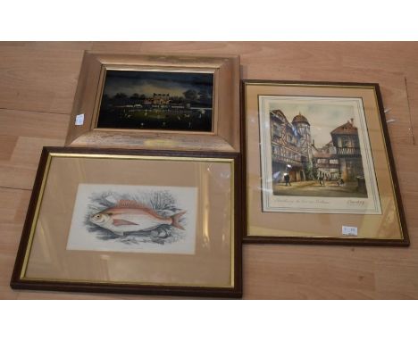 Collection of prints of village scenes along with a print of a cricket match on grass