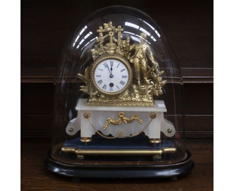 A French style 8-day single train mantel clock under a glass dome. 8" enamel dial, spelter-type figure of a man with tankard 