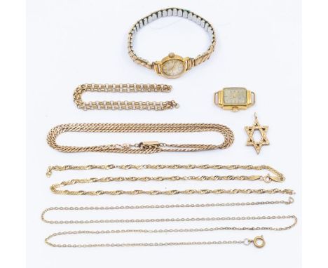 A collection of chains, to include two 9ct gold chains, one snapped, weight approx 13.9gms a piece of yellow metal chain and 
