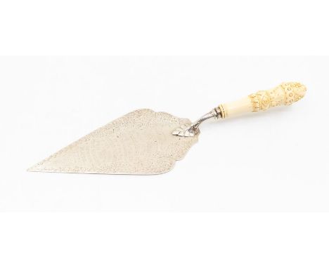 A Victorian silver presentation trowel, engraved with inscription dated 1882, hallmarked London, 1875, with detachable ivory 