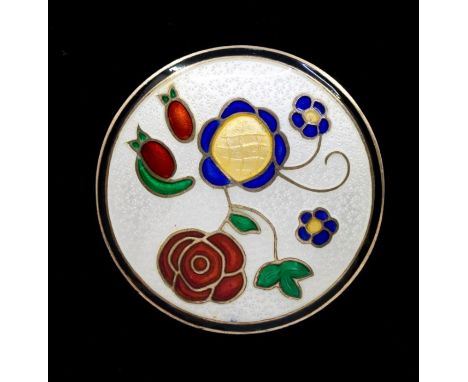 Einar Modahl (Oslo)- Norwegian Modernist circular silver gilt and enamel pendant/brooch, cream ground of fine floral pattern 