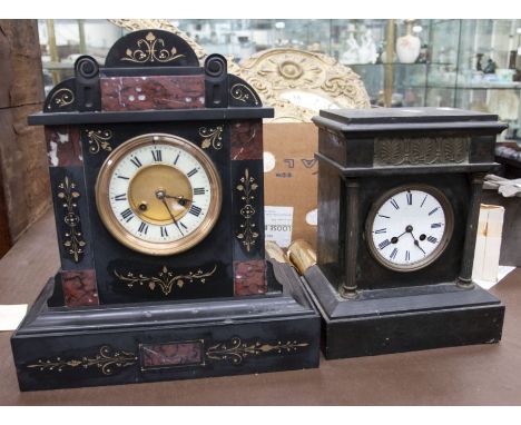 A large Victorian inlaid black marble mantle clock, gilt incised decoration to body, cream and gilt dial with Roman numerals,