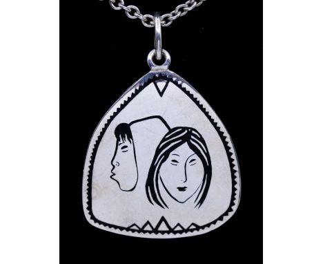 Jens Tage Hansen- a Modernist Danish silver and enamel pendant, inlaid clack enamel image of Inuit, size approx 45 x 50mm, ma