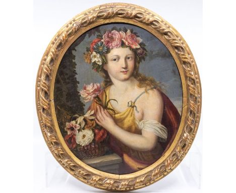 French School (18th Century), Portrait study of Flora, classical pose - she wears floral headdress and holds a pink chrysanth