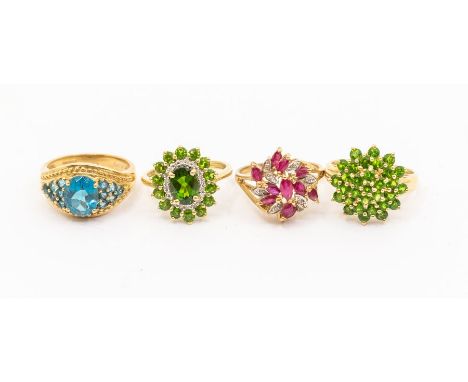 A collection of 9ct gold and stones set dress rings to include a ruby and diamond cluster, size M, a green garnet cluster, si