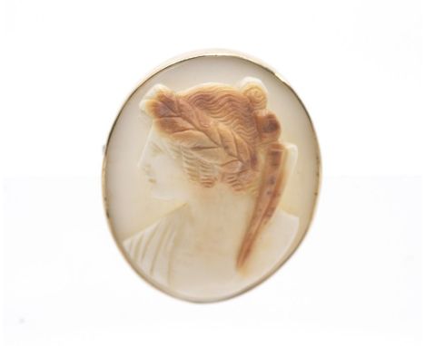An Edwardian shell cameo brooch, carved with a side portrait of a female with foliage to hair, approx 3.5cmm x 3cm, in a gold