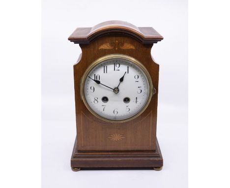 An Edwardian mantel clock with two-train sprung French movement striking on a gong with 4.5" enamel dial with Arabic numerals