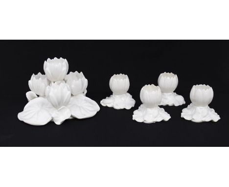 A Royal Worcester lotus flower centrepiece and four side posy vases (5)