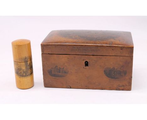A Mauchline ware tea caddy, from the Athole Plantations Dunkeld, along with Mauchline treen pin box