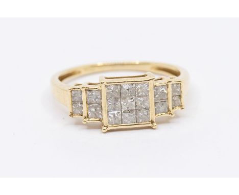 A diamond and 9ct gold cluster ring, the square centre set with nine princess cut diamonds each approx 2mm, further princess 