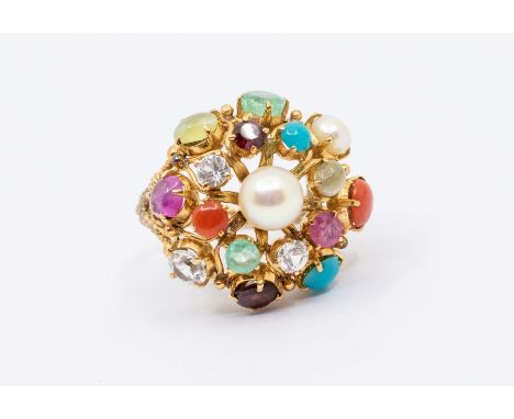 A multi stone set gold tuti fruitti ring, set with various types and cuts of stones, including emerald, pearl, ruby, garnet, 