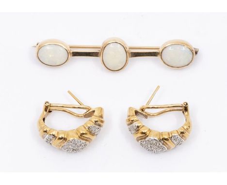 An opal and gold bar brooch, comprising three oval white opals set to an unmarked yellow metal bar brooch, probably 9ct gold,