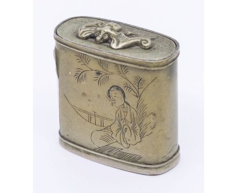 A Japanese silver plated erotica snuff box/vesta sleeve, engraved scenes, the top applied with a bat, early 20th Century