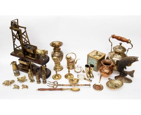A collection of brass items to include a coal bucket, minting model, miniature miners lamps, trench art etc