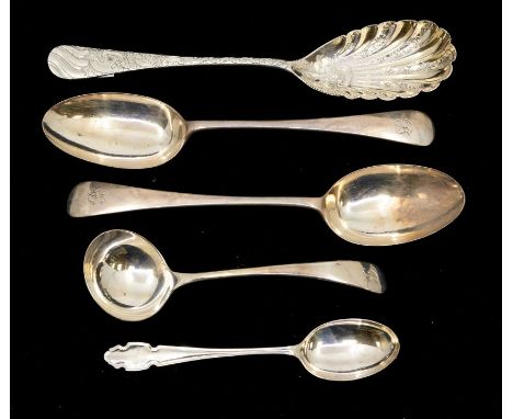 A collection early 20th Century silver spoons to include: Berry style serving spoon, pair of OEP table spoons, sauce ladle an