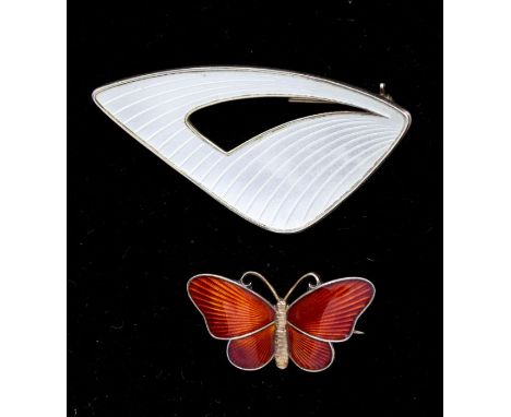 Ivar T Holth- two Modernist Norwegian silver gilt enamel brooches, comprising a white guilloche enamel triangular brooch with