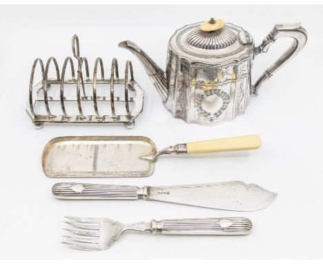 A collection of silver plate to include: Victorian crumb scoop with bone handle; Victorian Britannia plate lobed teapot; pair