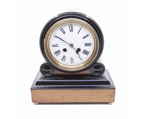 Edwardian French mantel clock with two-train sprung movement chiming on a gong. 5" enamel dial, brass bezel contained in a wa