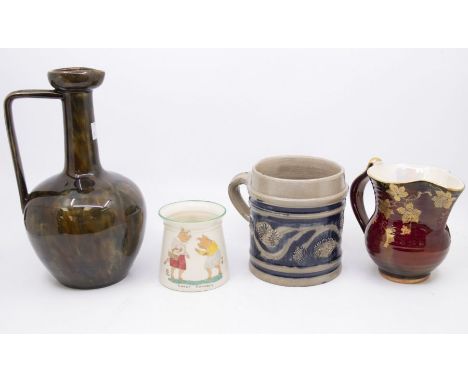 A group of early 20th Century ceramics to include:1. Crown Devon pattern no: 5293, burgundy body decorated with gilt hop leav