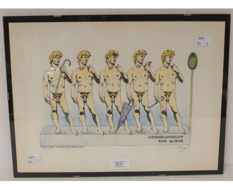 Signed print by Simon Drew of Dartmouth Devon of Michelangelo's bus queue, 27 x 38cm