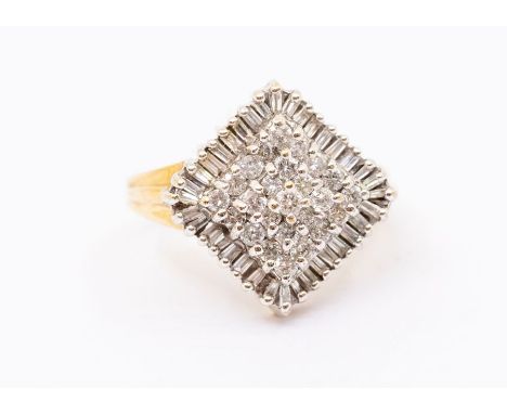 A diamond and 9ct gold cluster ring, diamond shaped cluster set with round brilliant cut diamonds to the centre within a bord