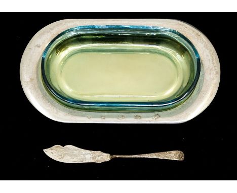 A Modern plain silver oblong butter dish, with gilt recess and matching butter knife, aqua glass liner, the silver hallmarked