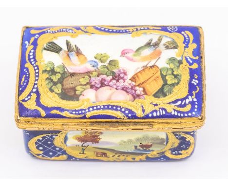 An 18th Century Continental possibly French enamel and gilt metal snuff box, circa 1770, the cover painted with a pair of fin