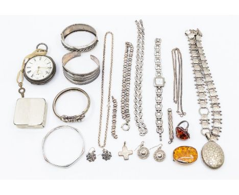 A collection of silver and white metal jewellery to include Victorian silver chains, earrings, lockets, along with bangles, a