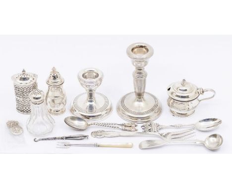 A collection of silver to include: early 29th Century Danish ornate dessert fork, hallmarked by Christian F Heise, Copenhagen