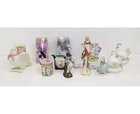 Royal Doulton figures Darby and Joan; The Paisley Shawl; Pantalettes; Continental figure; Yardley English Lavender figural so