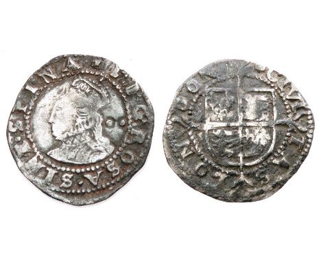 Elizabeth I silver halfgroat. Sixth Issue, 1582-1600 AD. Silver, 19mm, 1.0g. Crowned bust left, two pellets behind. H D G ROS