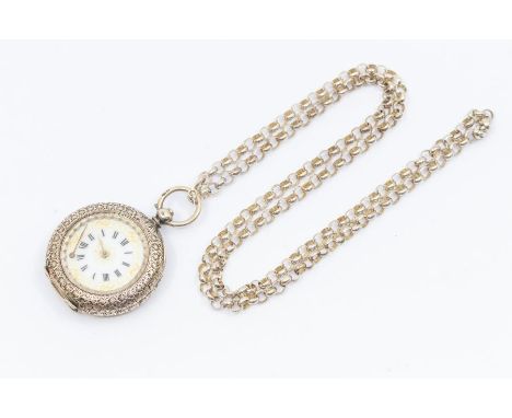 A ladies silver open faced pocket watch, white enamel dial with gilt decoration (one hand detached) the case with floral deco