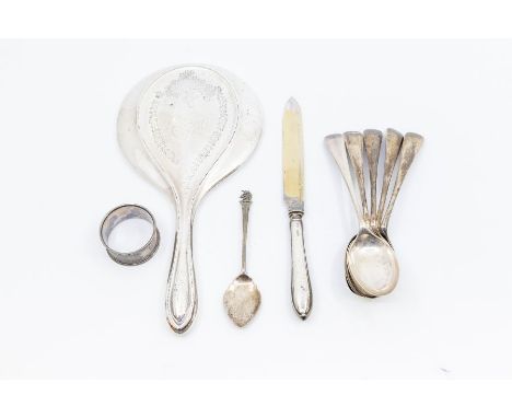 Set of five silver dessert spoons, old English pattern, a silver bread knife and a silver jam spoon, together with a George V