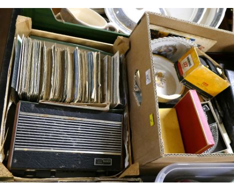 Two boxes of vintage postcards, Roberts radio, cutlery, Kodak camera, commemorative ware