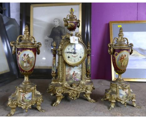 Continental style brass mantel clock and garniture set, 41 cm high