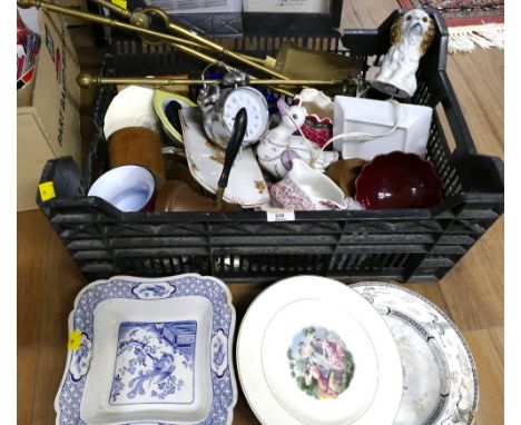 Box of fireside shovel set, ceramic plates, glassware, alarm clock, ornaments etc