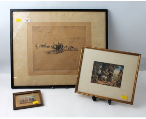 Etching of a boat launch and two vintage prints