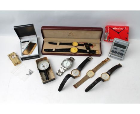 Vintage wristwatches, Rojas, Swiss Explorer, Compass and Westclox travel alarm clock etc