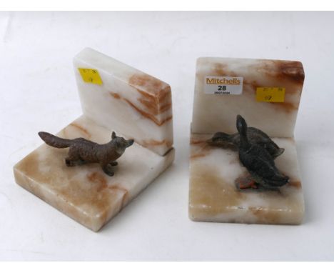 Pair of painted cast metal duck and fox figures mounted on marble bookends, 10 cm high 