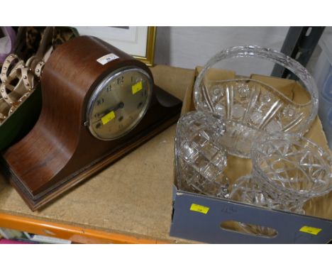 Wooden mantel clock, crystal basket fruit bowl, vase etc