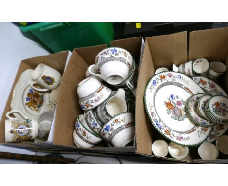 Three boxes of Copeland Spode Chinese Rose pattern tea and dinnerware and commemorative ware
