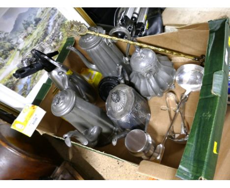 Soda siphon, pewter teapots, plated serving spoons and tongs, brass toasting fork etc