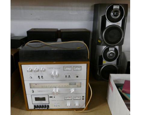 Amstrad Hi-Fi tower system, stereo, tuner cassette deck, amplifier and speakers, and pair of modern Sony speakers