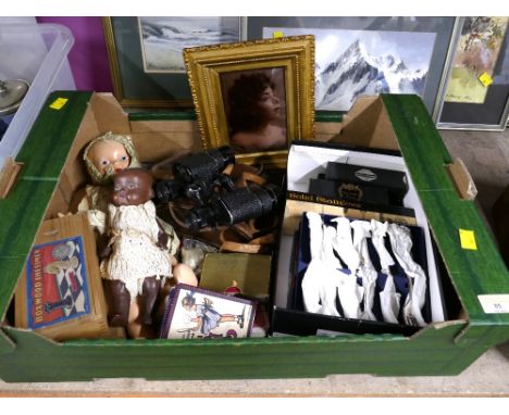 Vintage dolls, card games, chess pieces, Delacroix binoculars, cutlery, small crystoleum