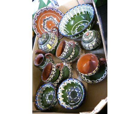 Box of Studio Pottery drip glazed teapot, cups, saucers, bowls, plates etc