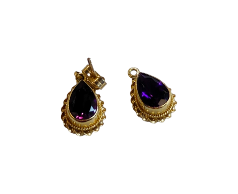 PAIR OF 9 CARAT GOLD &amp; AMETHYST EARRINGS (1 POST MISSING) 