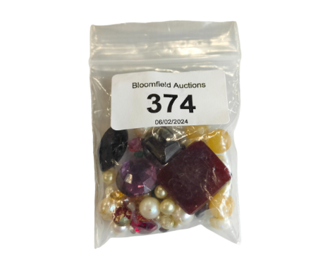 BAG OF LOOSE GEM STONES INC DIAMOND, RUBY, TOPAZ, AMETHYST ETC 