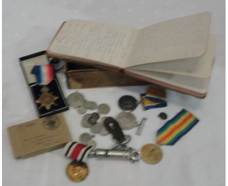 WW1 Trio constabulary medal & DM, boxed; together with diary to Coldstream Guards with coins & photographs