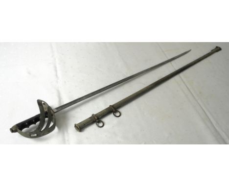 An Italian officer's sword and sheath with scabbard, acid etched blade with double fuller to clip point